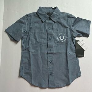 True Religion blue button shirt pocket in front flag design in back boy size 5